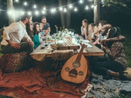 Group of people gathering in a backyard